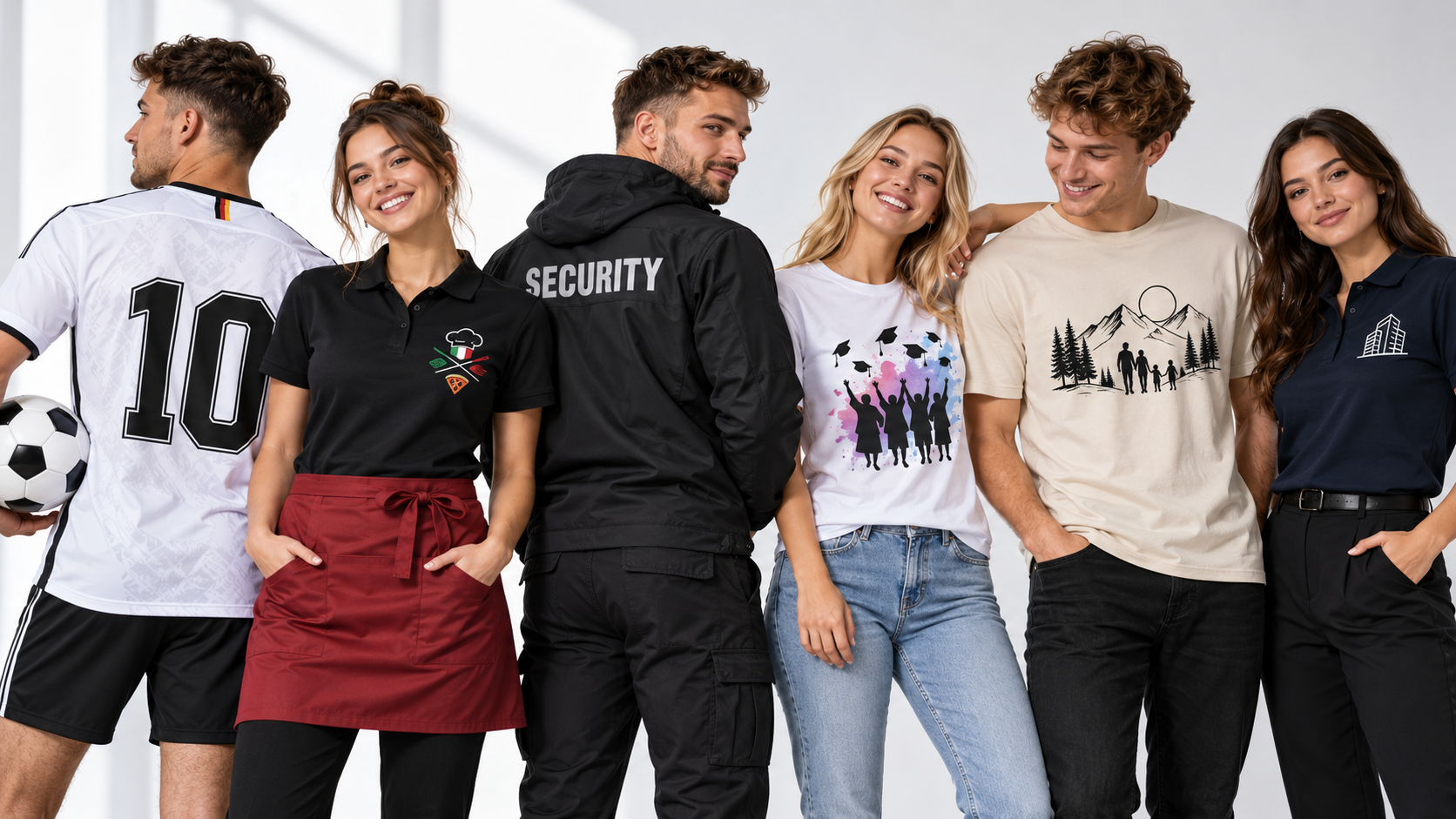sechsköpfiges team im individuellen outfit
